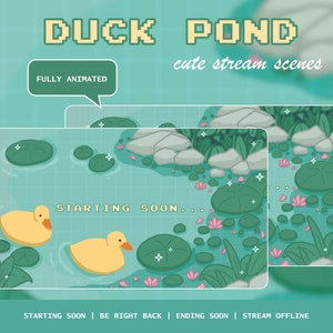 Könnte beinhalten: Animierte Stream-Szene mit zwei gelben Enten, die in einem Teich mit Seerosen, Steinen und rosa Blüten schwimmen. Der Text "STARTING SOON..." wird in einer pixeligen Schriftart angezeigt. Der Text "FULLY ANIMATED" befindet sich in einer Sprechblase.