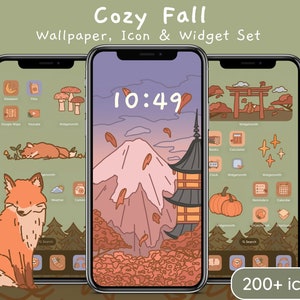 Accogliente autunno in montagna / Icone estetiche ispirate agli anime per app iOS, simpatici sfondi e widget autunnali Kawaii per iPhone e Android