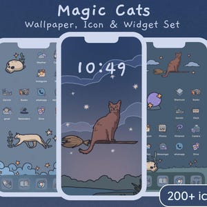 K&ouml;nnte beinhalten: Ein Satz von drei Telefonbildschirmen, die ein anpassbares Telefon-Theme mit einem dunkelblauen Hintergrund, Sternen und einer Katze auf einem Besen zeigen. Der Text "Magic Cats" befindet sich oben auf dem Bildschirm. Der Text "10:49" wird auf dem mittleren Bildschirm angezeigt. Der Text "200+ Icons" befindet sich unten auf dem Bildschirm.