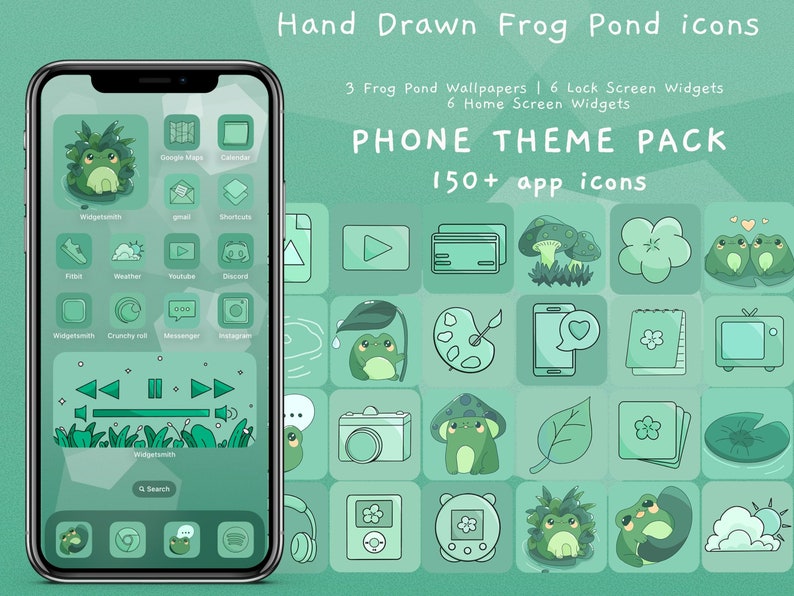 May include: A phone screen mockup with a green background and a frog pond theme. The phone screen shows a variety of app icons, including a frog, a mushroom, a leaf, and a pond. The text "Hand Drawn Frog Pond icons" is at the top of the image. The text "PHONE THEME PACK" is in the center of the image. The text "150+ app icons" is at the bottom of the image.