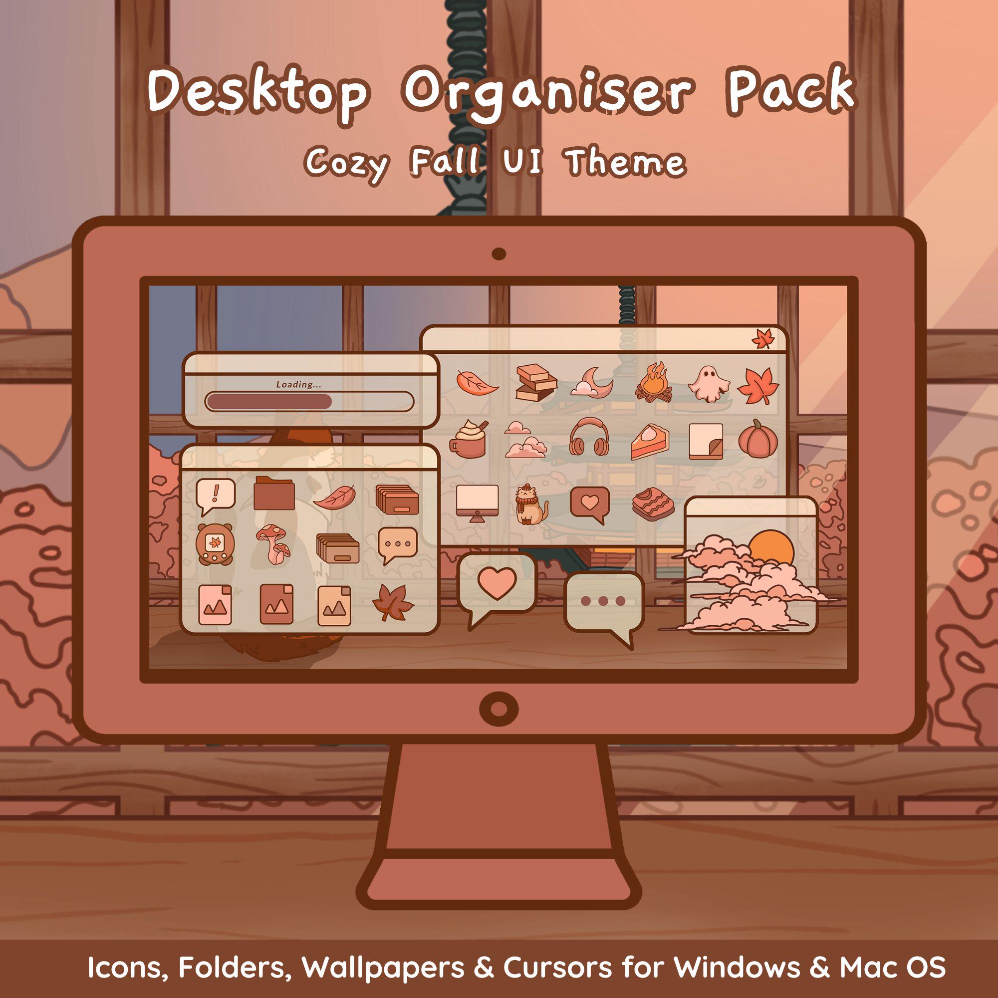 Thème cosy pour organisateur d'automne | Fond d'écran | Jeu d'icônes de bureau personnalisé pour Windows et Mac