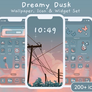 three phone screens showing a custom dusky sky phone theme with hand drawn app icons, widgets & wallpapers