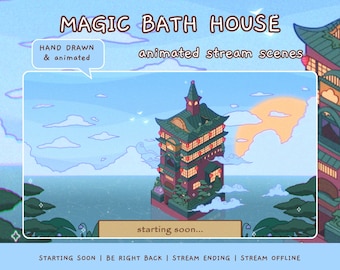 Magic Bath House Stream Scenes: Animated Hand-Drawn Overlay (Digital Download)