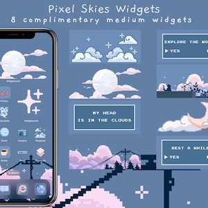 May include: A set of eight pixel art phone widgets with a blue sky and clouds theme. The widgets feature a crescent moon, stars, and text that says "My head is in the clouds".