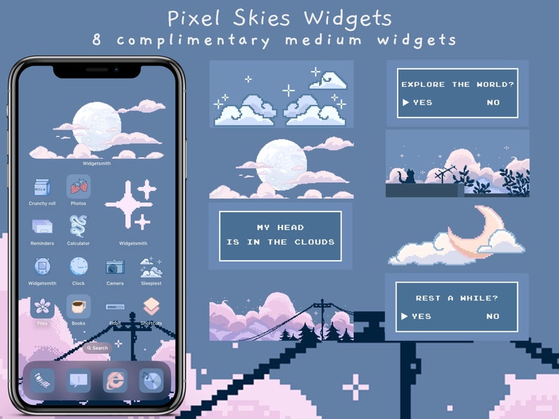 May include: A set of eight pixel art phone widgets with a blue sky and clouds theme. The widgets feature a crescent moon, stars, and text that says "My head is in the clouds".
