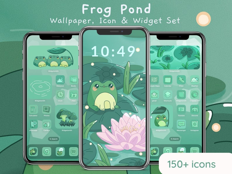 May include: A green and white phone wallpaper with a frog sitting on a lily pad in a pond. The wallpaper includes 150+ icons for customizing a phone's home screen.