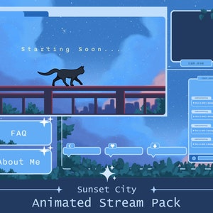 Puede incluir: Un paquete de transmisión animado azul y morado con un gato negro caminando sobre un puente contra un cielo nocturno estrellado. El paquete incluye una pantalla de inicio, un cuadro de chat, una pantalla de cámara y botones para Preguntas frecuentes y Acerca de mí. El texto "Sunset City Animated Stream Pack" está en la parte inferior de la imagen.
