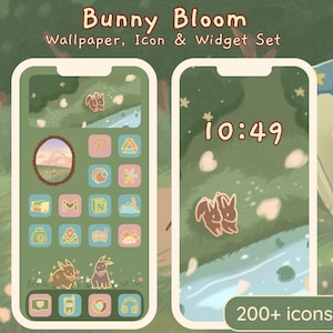 Icone carine per app Bunny Bloom per iOS e Android / Pacchetto temi estetici per telefono / Widget e sfondi kawaii / Set di icone estive
