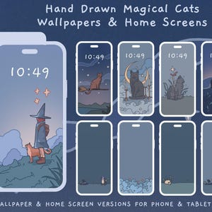 K&ouml;nnte beinhalten: Ein Set mit 10 Handy-Hintergrundbildern mit handgezeichneten Illustrationen von magischen Katzen in einer Nachthimmelkulisse. Die Hintergrundbilder zeigen eine Hexe mit einer Katze, eine Katze auf einem Besen, eine Katze mit einer Mondsichel, eine Katze mit einer Blume und eine Katze mit Sternen. Die Hintergrundbilder beinhalten auch einen einfarbigen blauen Hintergrund mit einer Katzensilhouette.
