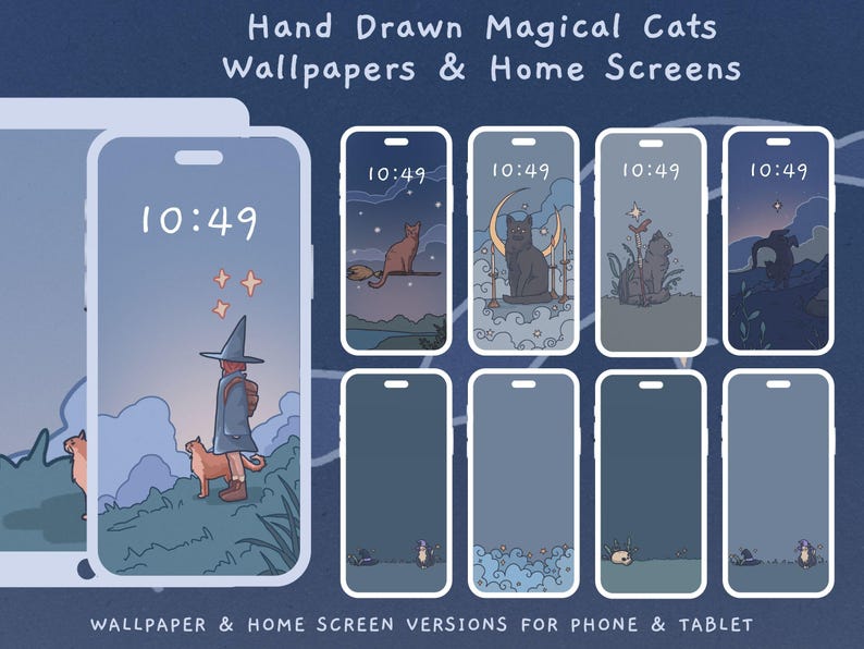 K&ouml;nnte beinhalten: Ein Set mit 10 Handy-Hintergrundbildern mit handgezeichneten Illustrationen von magischen Katzen in einer Nachthimmelkulisse. Die Hintergrundbilder zeigen eine Hexe mit einer Katze, eine Katze auf einem Besen, eine Katze mit einer Mondsichel, eine Katze mit einer Blume und eine Katze mit Sternen. Die Hintergrundbilder beinhalten auch einen einfarbigen blauen Hintergrund mit einer Katzensilhouette.