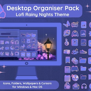 以下が含まれることがあります： ロフィな雨の夜をテーマにしたデスクトップオーガナイザーパック。このパックには、WindowsとMac OS用のアイコン、フォルダ、壁紙、カーソルが含まれています。画像は、街灯と紫色の空の夜のシーンが映し出されたコンピューター画面を示しています。アイコンはグリッド形式で配置されており、蝶、時計、フォルダ、歯車、ハートなど、さまざまなデザインが含まれています。