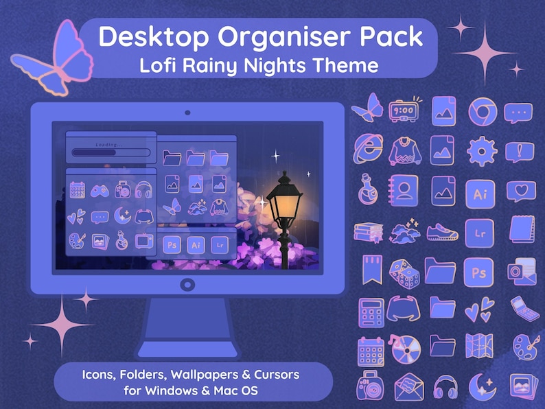 以下が含まれることがあります： ロフィな雨の夜をテーマにしたデスクトップオーガナイザーパック。このパックには、WindowsとMac OS用のアイコン、フォルダ、壁紙、カーソルが含まれています。画像は、街灯と紫色の空の夜のシーンが映し出されたコンピューター画面を示しています。アイコンはグリッド形式で配置されており、蝶、時計、フォルダ、歯車、ハートなど、さまざまなデザインが含まれています。