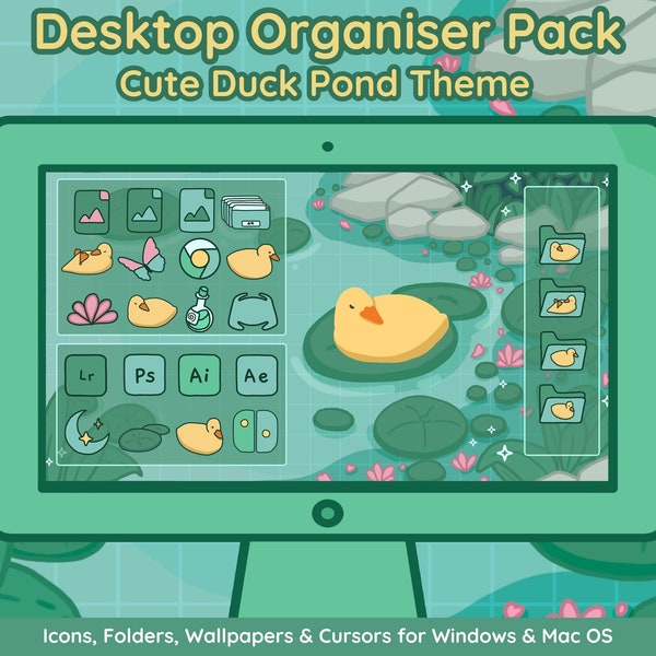 Cute Duck Pond Desktop Organizer Theme | Wallpaper Background | Custom Desktop Icon Set for Windows and Mac | Animated Wallpapers