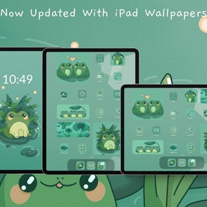 May include: A green iPad screen with a frog wallpaper and the time 10:49 displayed. The screen is divided into a grid of icons, each with a different frog-themed design. The text "Now Updated With iPad Wallpapers" is displayed at the top of the image.