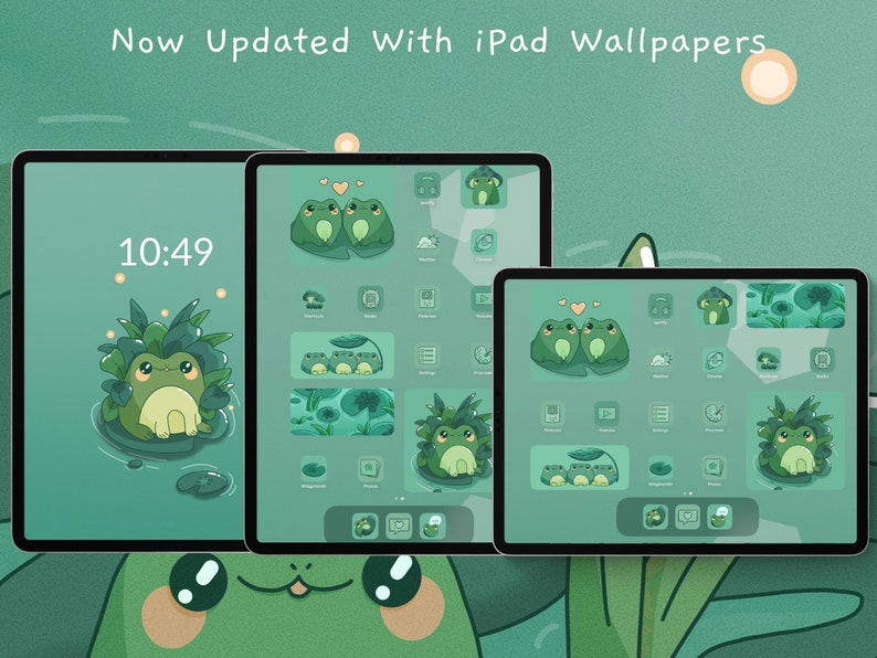 May include: A green iPad screen with a frog wallpaper and the time 10:49 displayed. The screen is divided into a grid of icons, each with a different frog-themed design. The text "Now Updated With iPad Wallpapers" is displayed at the top of the image.