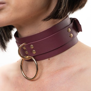 Genuine Leather Burgundy Collar, Burgundy O ring Collar, Burgundy collar with gold hardware, D ring collar, 2&quot; collar o Ring