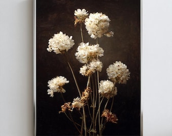 Peinture à l'huile de fleur blanche de mauvaise humeur | Art mural floral foncé | impression botanique rustique vintage | Esthétique noir et blanc | Téléchargement numérique
