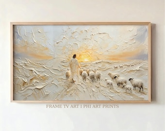 Cadre pour télé Moody Jesus Good Shepherd | Peinture chrétienne texturée empâtement | Décoration religieuse de Pâques | Impression pour téléviseur avec cadre Samsung | Pâques #E84