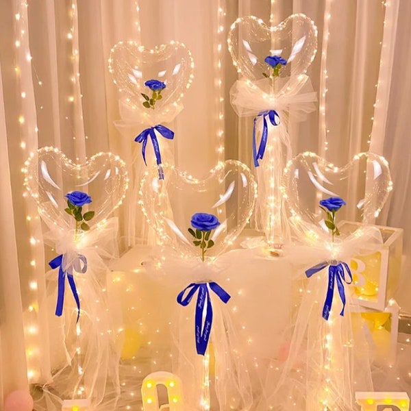 Cadeau de la Saint-Valentin Ballon Bobo Coeur Transparent LED avec Bouquet de Fleurs/Rose
