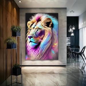 Neon Fantasy Lion Digital Art | Colorful  Lion | Lion Printable Wall Art | Majestic Lion Poster | Vibrant Animal Artwork for Home Decor