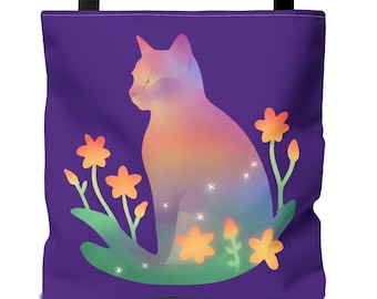 Cat with Flowers Canvas Tote Bag, Purple Tote Bag, Floral Cats Gift for Her, Shoulder bag, Boho Tote,Rainbow Cat Bag,Shopper, gift for her