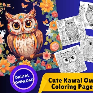 Kawaii Floral Owl Coloring Pages – Cute Printable Owls with Flowers PDF | Easy Line Art for Kids, Teens & Adults | Digital Download