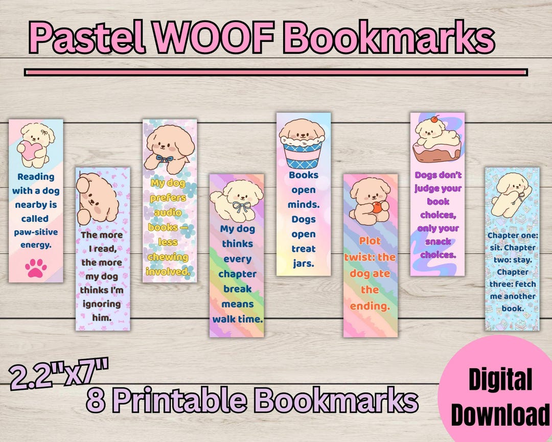 Pastel Dog Bookmarks Printable | 8 Cute Puppy Bookmark Designs 2.2x6 ...