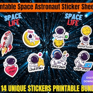 May include: A set of 14 printable space astronaut stickers. The stickers feature a variety of designs, including an astronaut blasting off, an astronaut doing yoga on the moon, an astronaut listening to music, and an astronaut working on a laptop. The stickers are perfect for adding a fun and whimsical touch to any project.