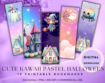Leuke kawaii pastel halloween bladwijzers | Spookachtige schattige digitale bladwijzers voor kinderen/tieners | Afdrukbare bladwijzerset geest, pompoen en 15