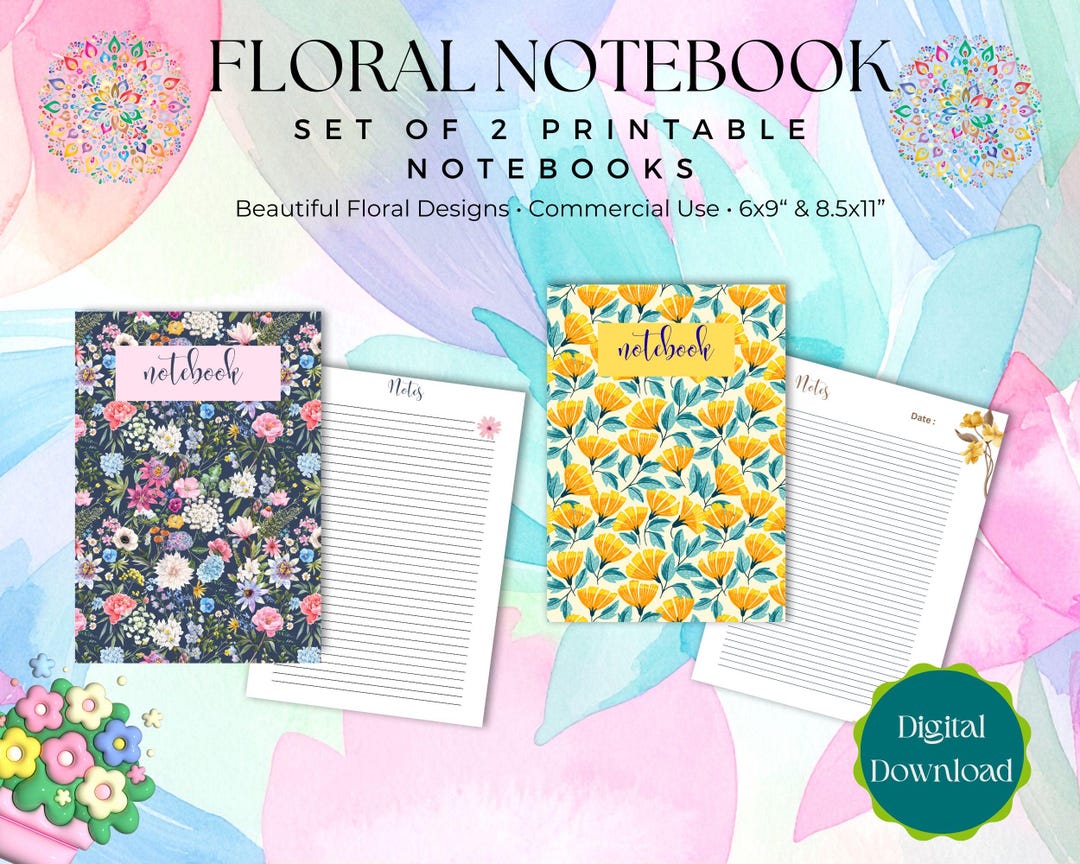 Vintage Floral Printable Notebook Set of 2 – Floral Digital Journals ...