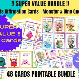 Supervoordeelpakket: 48 kaarten Monster & Dino-bevestigingskaarten voor kinderen | Bemoedigende affirmaties | Zelfrespectverhogers | Leuke leerkaarten