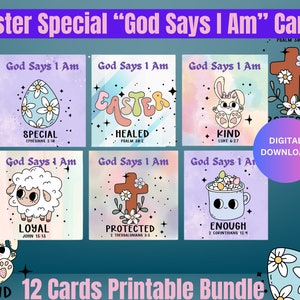 Deus diz afirmações da Bíblia, cartões de citações positivas cristãs para bem-estar, presente de atenção plena, amor-próprio diário, 12 flashcards para impressão