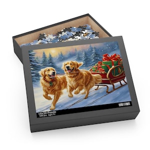 Runaway Golden Sleigh, Golden Retrievers Christmas Sleigh Jigsaw, Holiday Snow Scene, 500 Piece Game, Family Activity, Winter Dogs Gift, Fun
