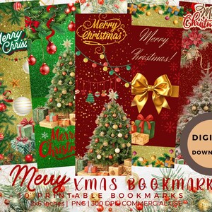 Puede incluir: Un conjunto de diez marcapáginas navideños imprimibles. Cada marcapáginas presenta diseños festivos con árboles de Navidad, adornos y la frase «Merry Christmas». Los marcapáginas miden 5.08 cm x 15.24 cm y están disponibles para descarga digital.