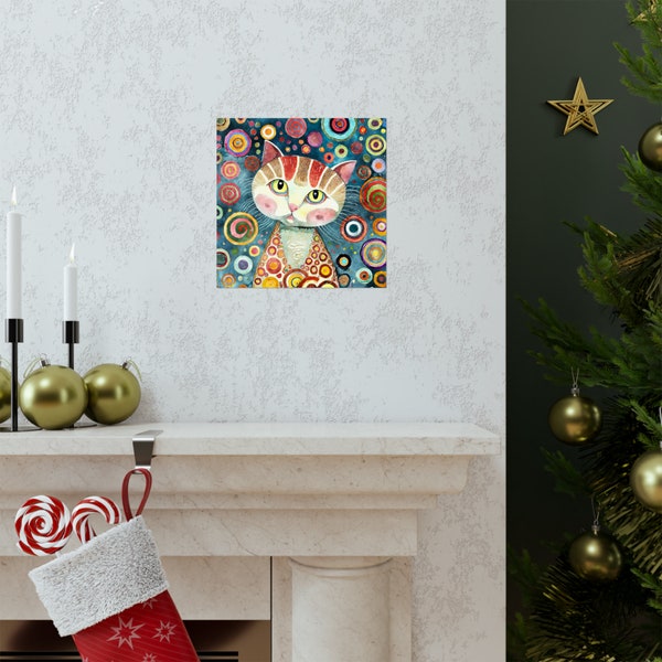 Portrait de chat de style Klimt pour la décoration intérieure, amoureux des chats, décoration d'intérieur artistique, art IA, affiches verticales mates