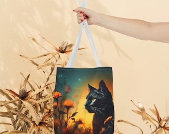 Floral Design Black Cat Eco-Friendly Tote Bag, Canvas Tote Bag,  cat tote, shoulder bag, shopper, cat print, gift for her, Tote Bag (AOP)