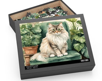 May include: A 500 piece jigsaw puzzle featuring a fluffy, white and brown cat sitting on a green armchair. The cat is surrounded by lush green plants in a room with a window. The puzzle box is black with the text "16x20 Puzzle 500 pcs Ages 9+"
