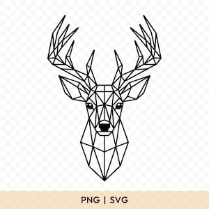 Puede incluir: Ilustración geométrica en blanco y negro de la cabeza de un ciervo. El diseño presenta una serie de líneas y formas interconectadas, creando un efecto poligonal. La imagen incluye el texto "PNG | SVG" en la parte inferior.