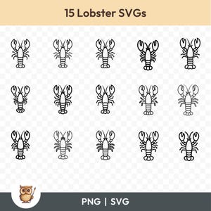 Pacchetto SVG aragosta, Clipart contorno aragosta, 15 file di taglio aragosta per Cricut, PNG e SVG, file di taglio immagine vettoriale, stampabili