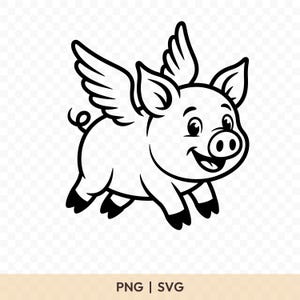May include: Black and white cartoon illustration of a pig with wings, in a flying pose. The pig is smiling, with its legs extended as if running. The image includes the text "PNG | SVG" at the bottom.