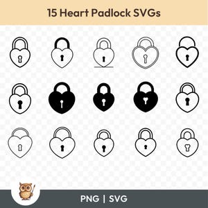 Pacote SVG de Cadeado de Coração, Clipart de Cadeado em Forma de Coração, 15 Arquivos de Corte de Cadeado de Coração para Cricut, PNG e SVG, Arquivos de Corte de Imagem Vetorial, Imprimíveis