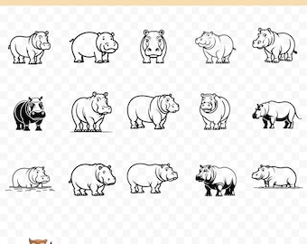 Hippopotamus SVG Bundle, Hippo Clipart, 15 Hippo Cut Files for Cricut, PNG and SVG, Vector Image Cut Files, Printable