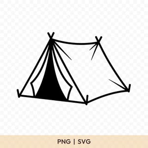 May include: Black and white line art illustration of a tent. The tent is triangular in shape with a black front and white outline. The image includes the text "PNG | SVG" at the bottom.