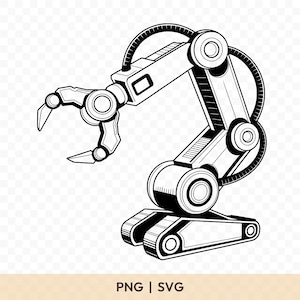May include: Black and white illustration of a robotic arm with a claw-like gripper. The arm features multiple joints, circular connectors, and a base with treads. The image includes the text "PNG | SVG".