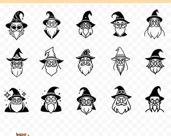 May include: A collection of 15 wizard-themed SVG graphics in black and white. Each wizard illustration features a pointed hat, beard, and glasses. The image includes the text "15 Wizard SVGs" at the top and "PNG | SVG" at the bottom.