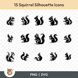 Bundle SVG écureuil mignon, clipart écureuils, 15 fichiers coupe écureuil pour Cricut, PNG et SVG, fichiers de coupe Image vectorielle, imprimable