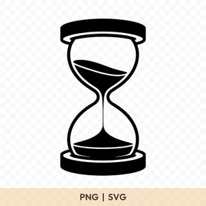 Könnte beinhalten: Schwarze Sanduhr-Illustration mit Sand in der oberen Birne. Die Sanduhr hat eine abgerundete Ober- und Unterseite, die durch einen schmalen Hals verbunden sind. Das Bild ist eine PNG- und SVG-Datei.