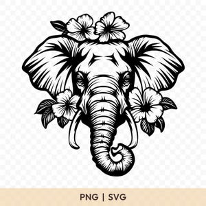 May include: A monochrome illustration of an elephant's head decorated with flowers. The elephant features large ears, tusks, and a detailed trunk. Flowers are arranged around the head, providing a decorative element. The image includes the text "PNG | SVG" at the bottom.
