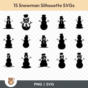 May include: A set of 15 black and white snowman silhouette SVGs. The snowmen are in various poses, including standing, waving, and with their arms outstretched.