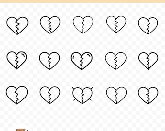 Cracked Heart SVG Bundle, Broken Heart Clipart, 15 Heart Cut Files for Cricut, PNG and SVG, Vector Image Cut Files, Printable